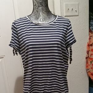 Navy Striped Women's Tee with Tie Sleeves